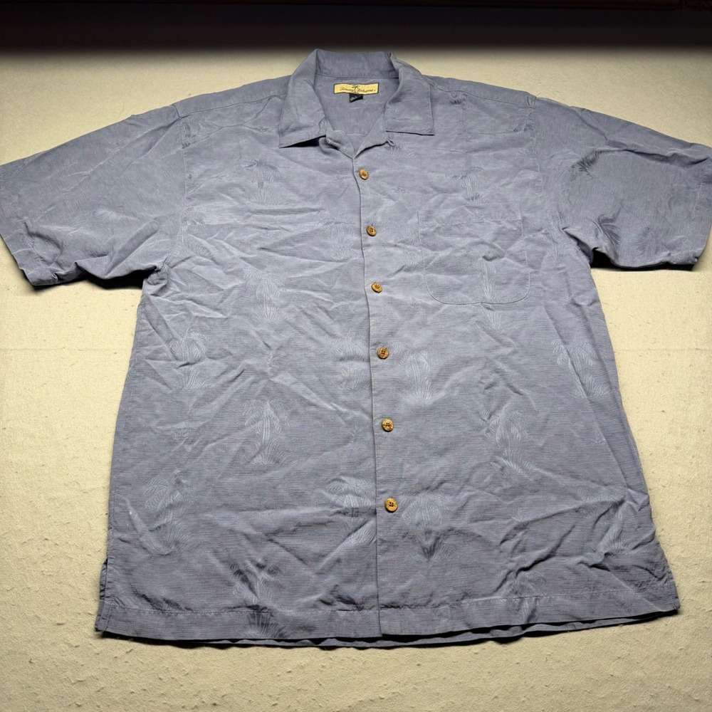 Tommy Bahama Shirt Mens M Blue Silk Palm Tree Jacquard Camp Button Down Relax